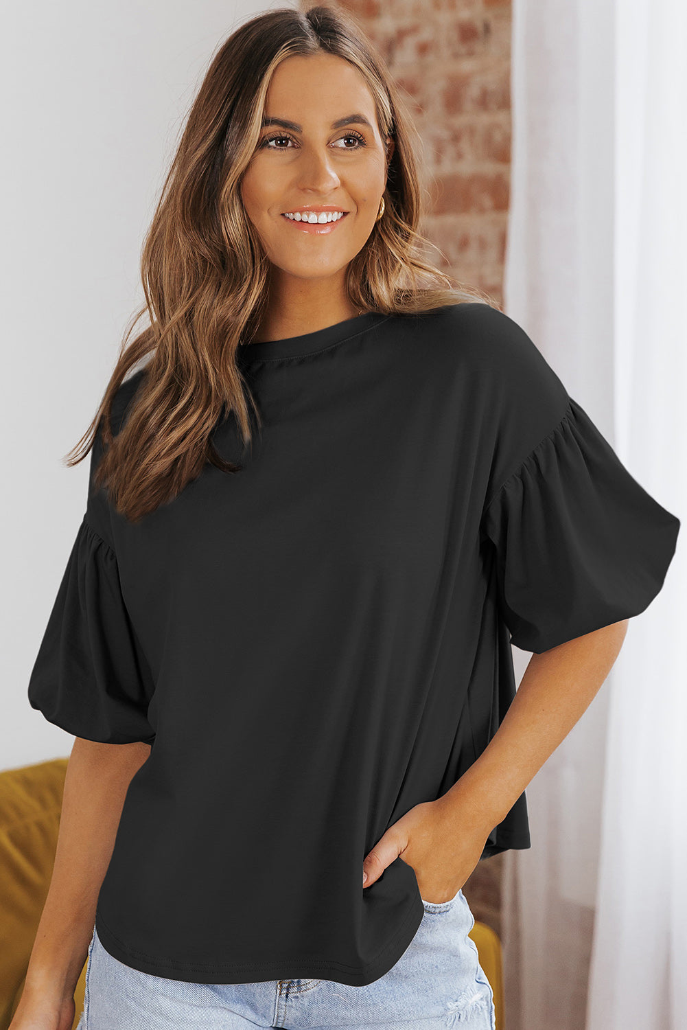 Puff Sleeve Curved Hem Blouse - MiaMoré