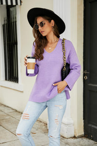 Thumbnail for Drop Shoulder V-Neck Knit Pullover