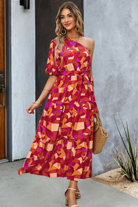 Thumbnail for Printed One-Shoulder Tie Belt Maxi Dress