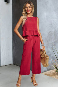 Thumbnail for Decorative Button Ruffle Hem Tank and Pants Set
