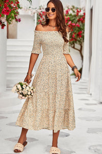 Thumbnail for Printed Off-Shoulder Half Sleeve Midi Dress