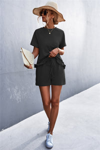 Thumbnail for Raglan Sleeve Ruffle Hem Top and Shorts Set with Pockets