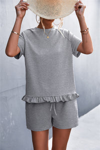 Thumbnail for Raglan Sleeve Ruffle Hem Top and Shorts Set with Pockets
