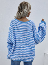 Thumbnail for Striped Drop Shoulder V-Neck Pullover Sweater