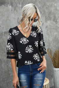 Thumbnail for Botanical Print V-Neck Puff Sleeve Blouse - MiaMore | Luxary Classic Charm