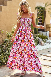 Thumbnail for Printed Tie-Shoulder Smocked Maxi Dress