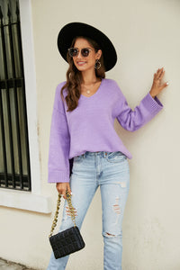 Thumbnail for Drop Shoulder V-Neck Knit Pullover