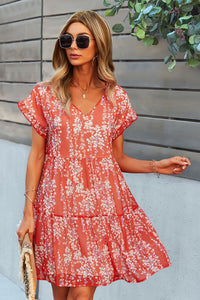 Thumbnail for Printed V-Neck Short Sleeve Tiered Dress