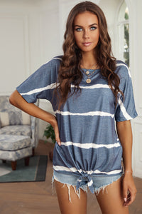 Thumbnail for Striped Tie Front Tee Shirt - MiaMore | Luxary Classic Charm