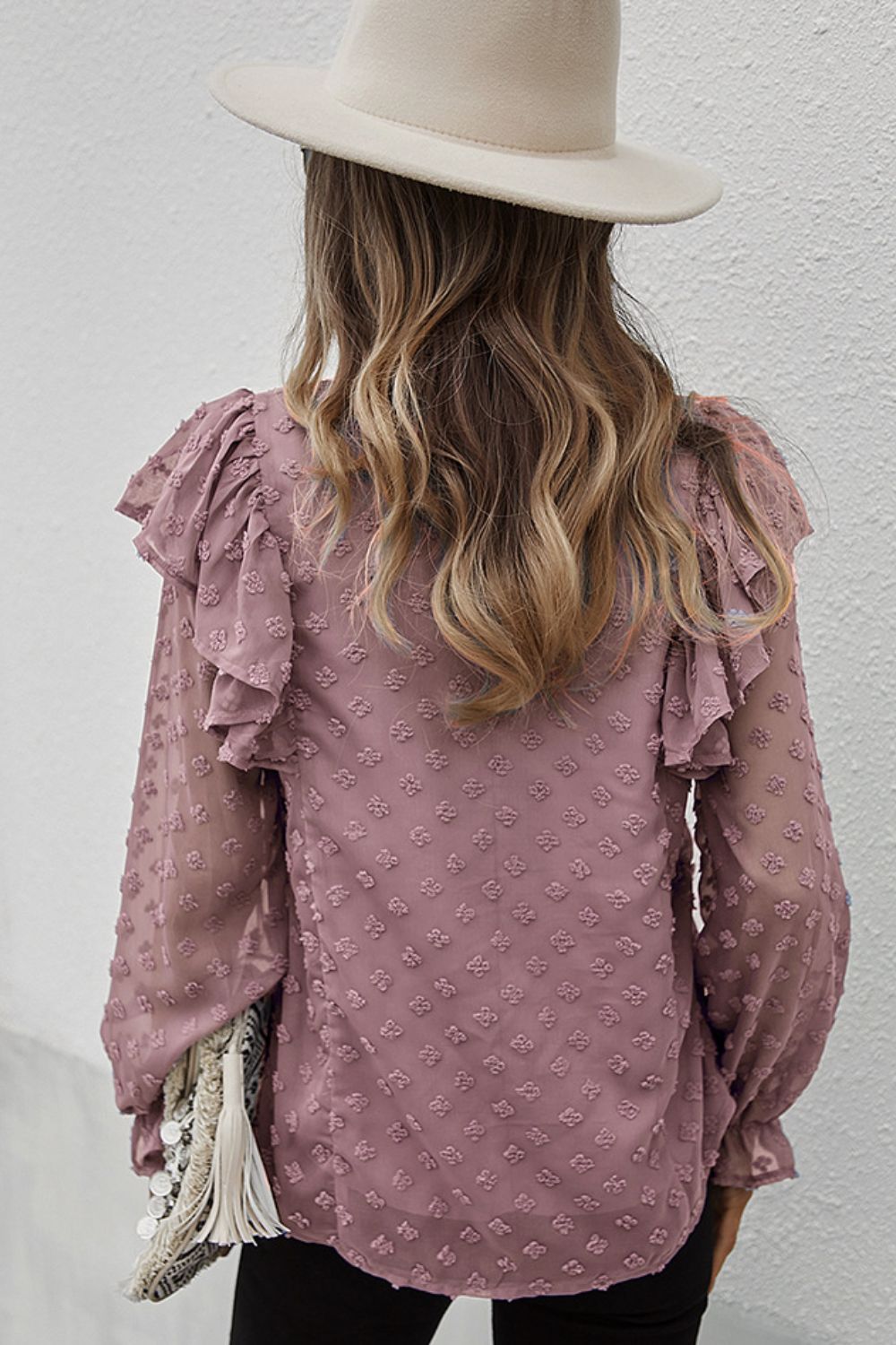 Swiss Dot Ruffle Shoulder Long Sleeve Blouse - MiaMore | Luxary Classic Charm