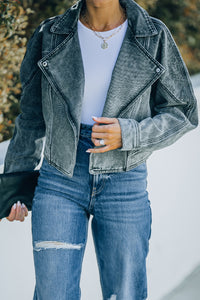 Thumbnail for Acid Wash Lapel Collar Cropped Denim Jacket