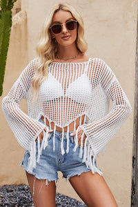 Thumbnail for Tassel Hem Openwork Long Sleeve Cover Up