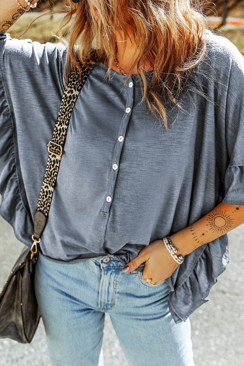 Button Front Flounce Sleeve Tee - MiaMoré