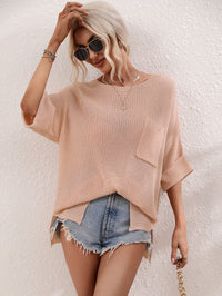 Thumbnail for Boat Neck Cuffed Sleeve Slit Tunic Knit Top