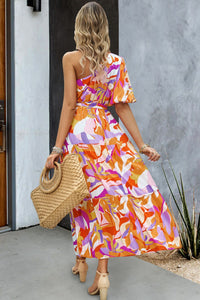 Thumbnail for Printed One-Shoulder Tie Belt Maxi Dress