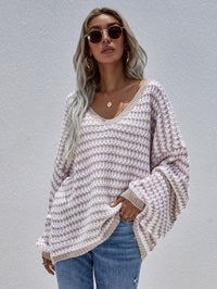 Thumbnail for Striped Drop Shoulder V-Neck Pullover Sweater