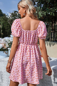 Thumbnail for Floral Drawstring Flounce Sleeve Dress