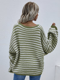Thumbnail for Striped Drop Shoulder V-Neck Pullover Sweater