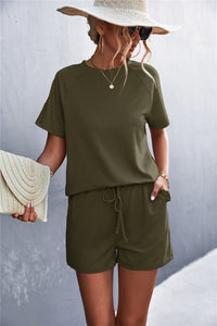 Thumbnail for Raglan Sleeve Ruffle Hem Top and Shorts Set with Pockets
