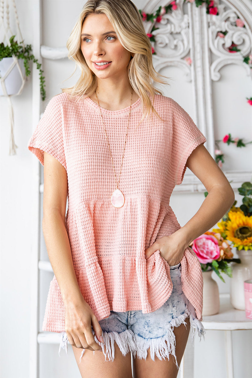 Waffle-Knit Buttoned Ruffle Hem Top - MiaMore | Luxary Classic Charm