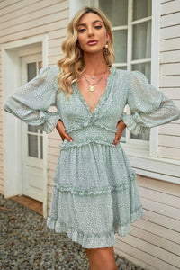 Thumbnail for Floral Frill Trim Plunge Flounce Sleeve Dress