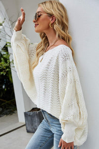Thumbnail for Openwork Boat Neck Dolman Sleeve Sweater