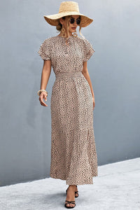 Thumbnail for Printed Tie-Neck Flutter Sleeve Split Dress