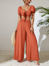Thumbnail for Tie Front Cropped Top and Smocked Wide Leg Pants Set