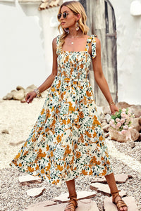 Thumbnail for Printed Smocked Tie Shoulder Dress