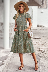 Thumbnail for Round Neck Flutter Sleeve Midi Dress