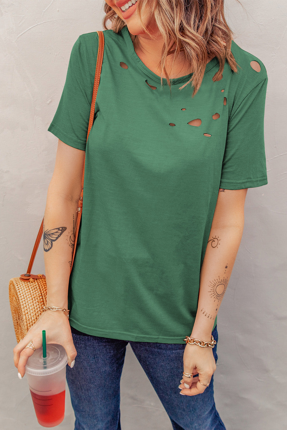 Distressed Short Sleeve Round Neck Tee - MiaMore | Luxary Classic Charm