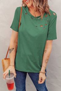 Thumbnail for Distressed Short Sleeve Round Neck Tee - MiaMore | Luxary Classic Charm