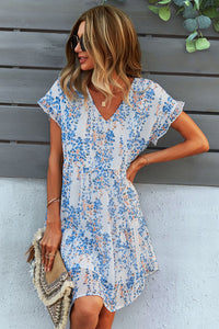 Thumbnail for Printed V-Neck Short Sleeve Tiered Dress