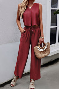 Thumbnail for V-Neck Tank and Drawstring Pants Set