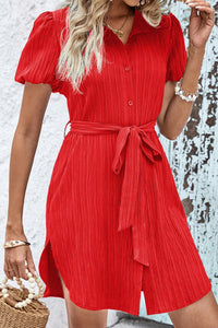 Thumbnail for Textured Tie Belt Short Sleeve Dress