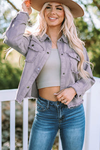 Thumbnail for Frayed Trim Snap Down Denim Jacket