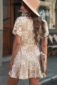 Thumbnail for Floral Lace Pompom Detail Tie-Waist Flutter Sleeve Dress