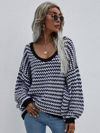 Thumbnail for Striped Drop Shoulder V-Neck Pullover Sweater