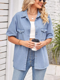 Thumbnail for Collared Neck Short Sleeve Denim Jacket