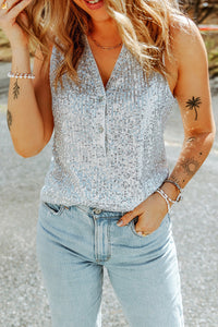 Thumbnail for Sequin Button Front V-Neck Tank
