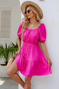 Thumbnail for Ruched Square Neck Puff Sleeve Mini Dress