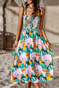 Thumbnail for Printed Smocked Tie Shoulder Dress