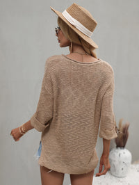 Thumbnail for Notched Side Slit Drop Shoulder Sweater