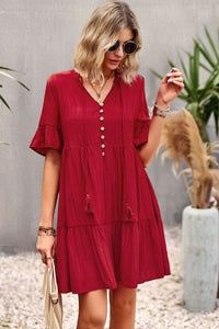 Thumbnail for Tie Neck Buttoned Flounce Sleeve Dress