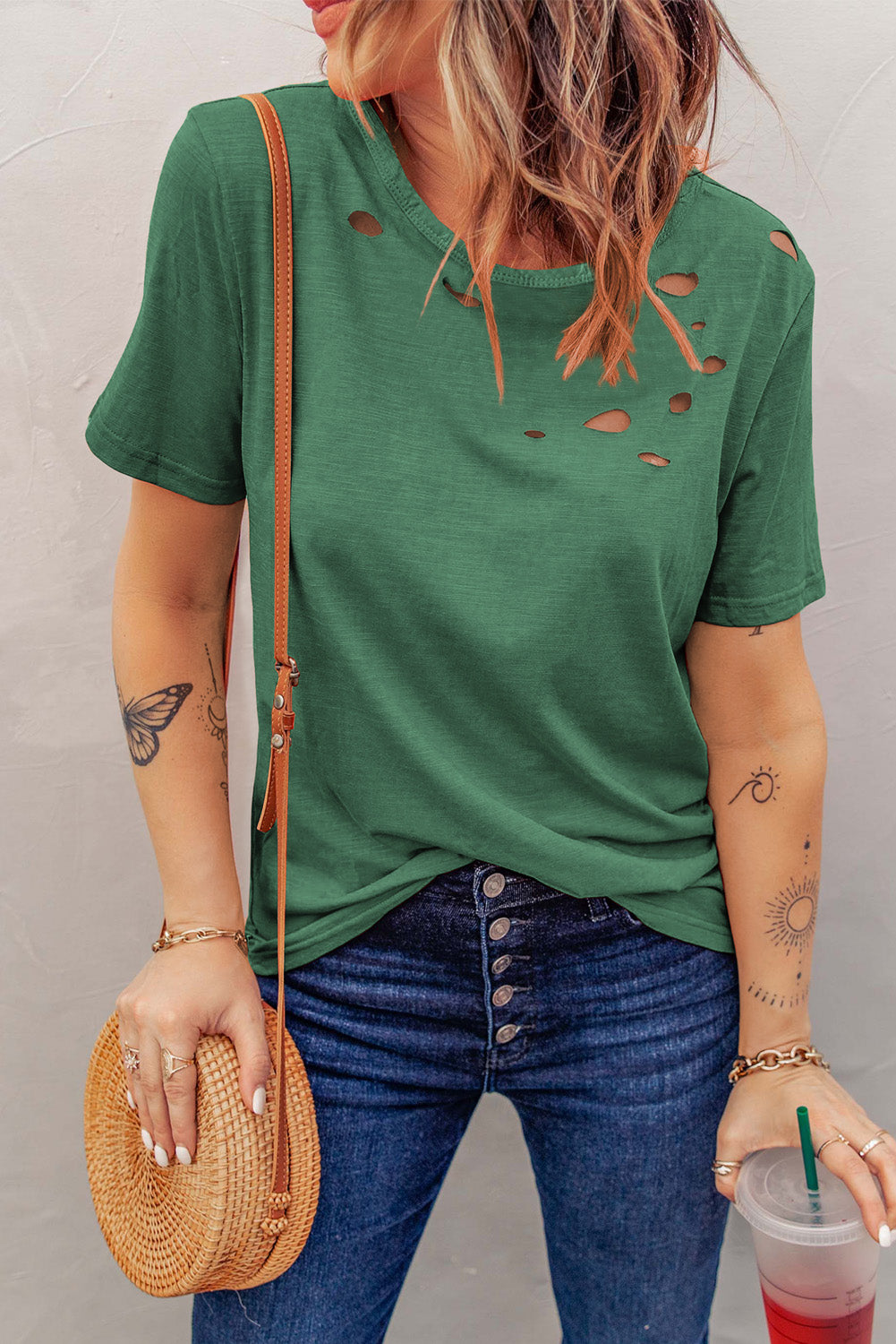 Distressed Short Sleeve Round Neck Tee - MiaMore | Luxary Classic Charm