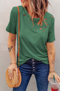 Thumbnail for Distressed Short Sleeve Round Neck Tee - MiaMore | Luxary Classic Charm