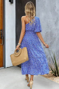 Thumbnail for Printed One-Shoulder Tie Belt Maxi Dress