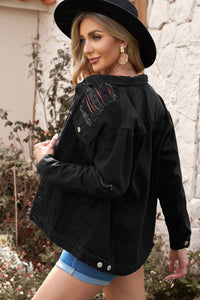 Thumbnail for Distressed Button-Up Denim Jacket with Pockets