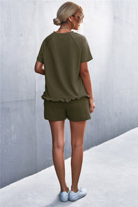Thumbnail for Raglan Sleeve Ruffle Hem Top and Shorts Set with Pockets