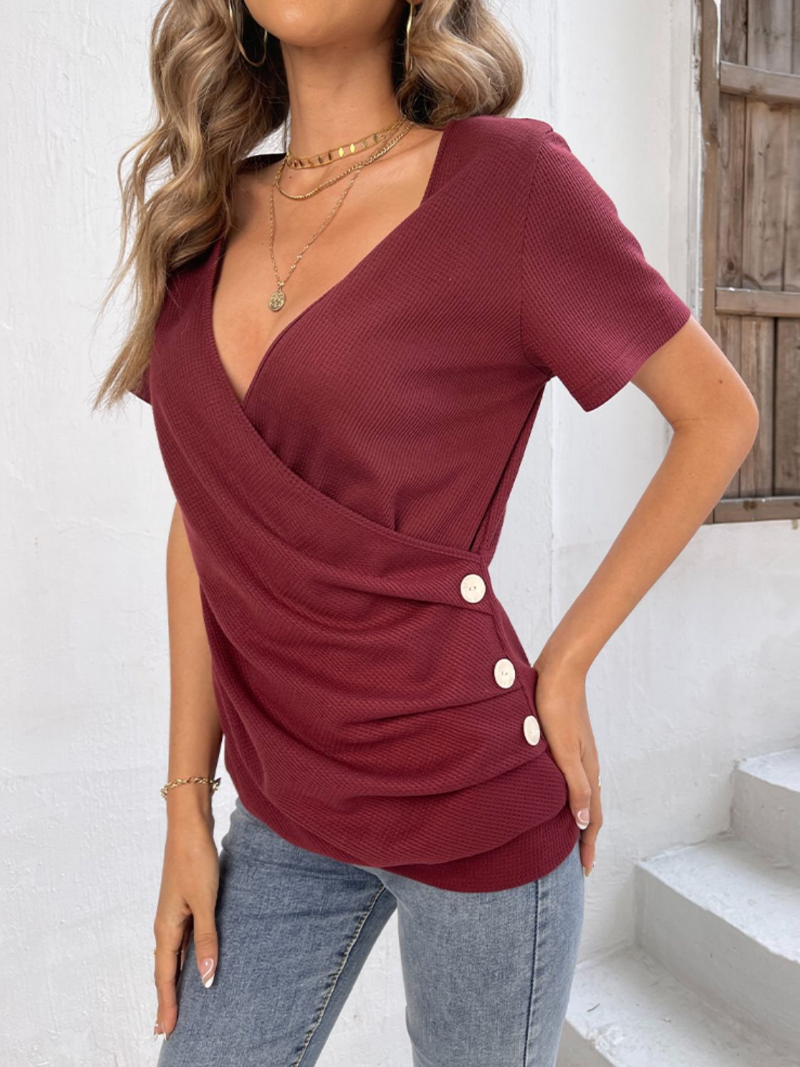 Button Detail Surplice Short Sleeve Tee - MiaMoré